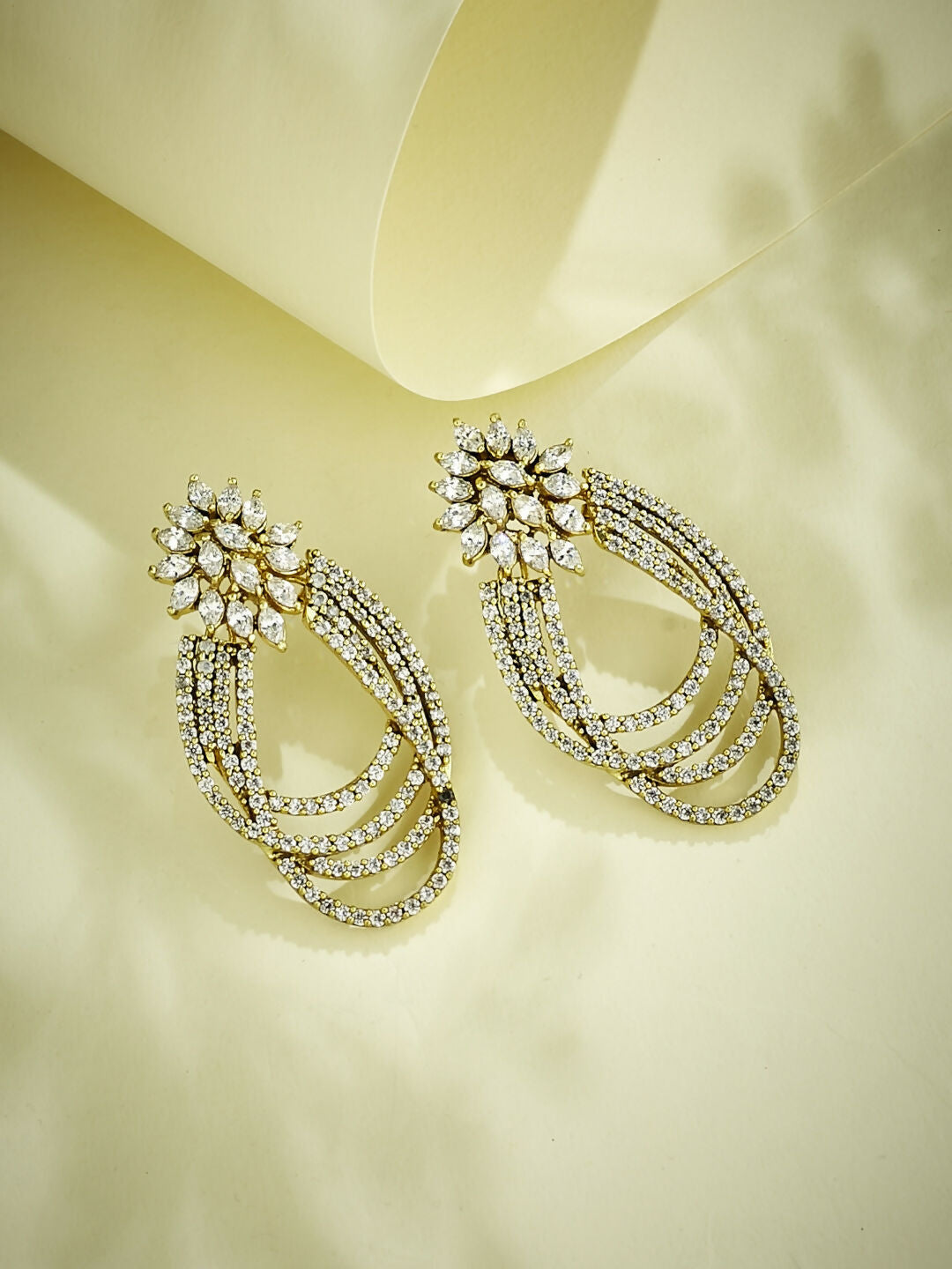 Nuyug 22K Gold-Plated Floral Motif Zircon Stone Studded Teardrop Shaped Elegant Drop Dangler Earrings