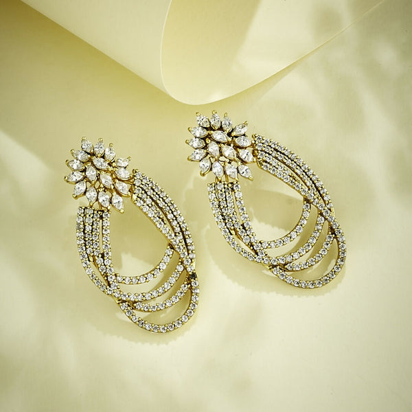 Nuyug 22K Gold-Plated Floral Motif Zircon Stone Studded Teardrop Shaped Elegant Drop Dangler Earrings
