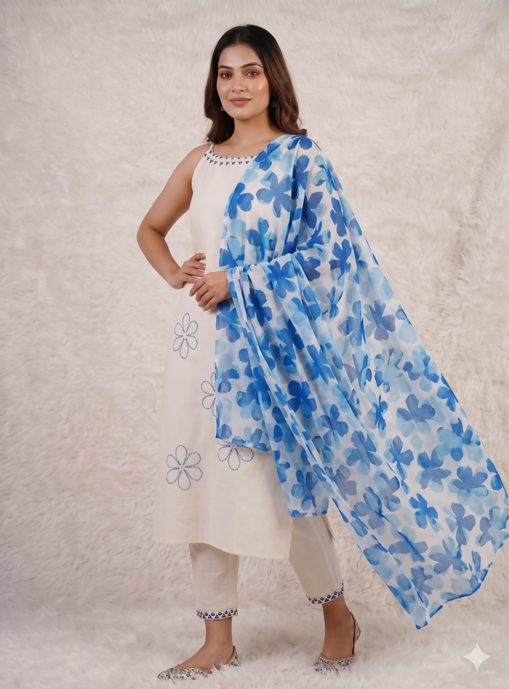 Teeya Creation Women’s Off-White Straight Cotton Kurta Pant Set with Floral Organza Dupatta Set - Dista