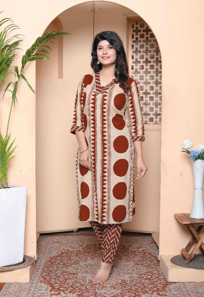 Miravan Womens Brown Pure Cotton Kurta With Palazzo Set