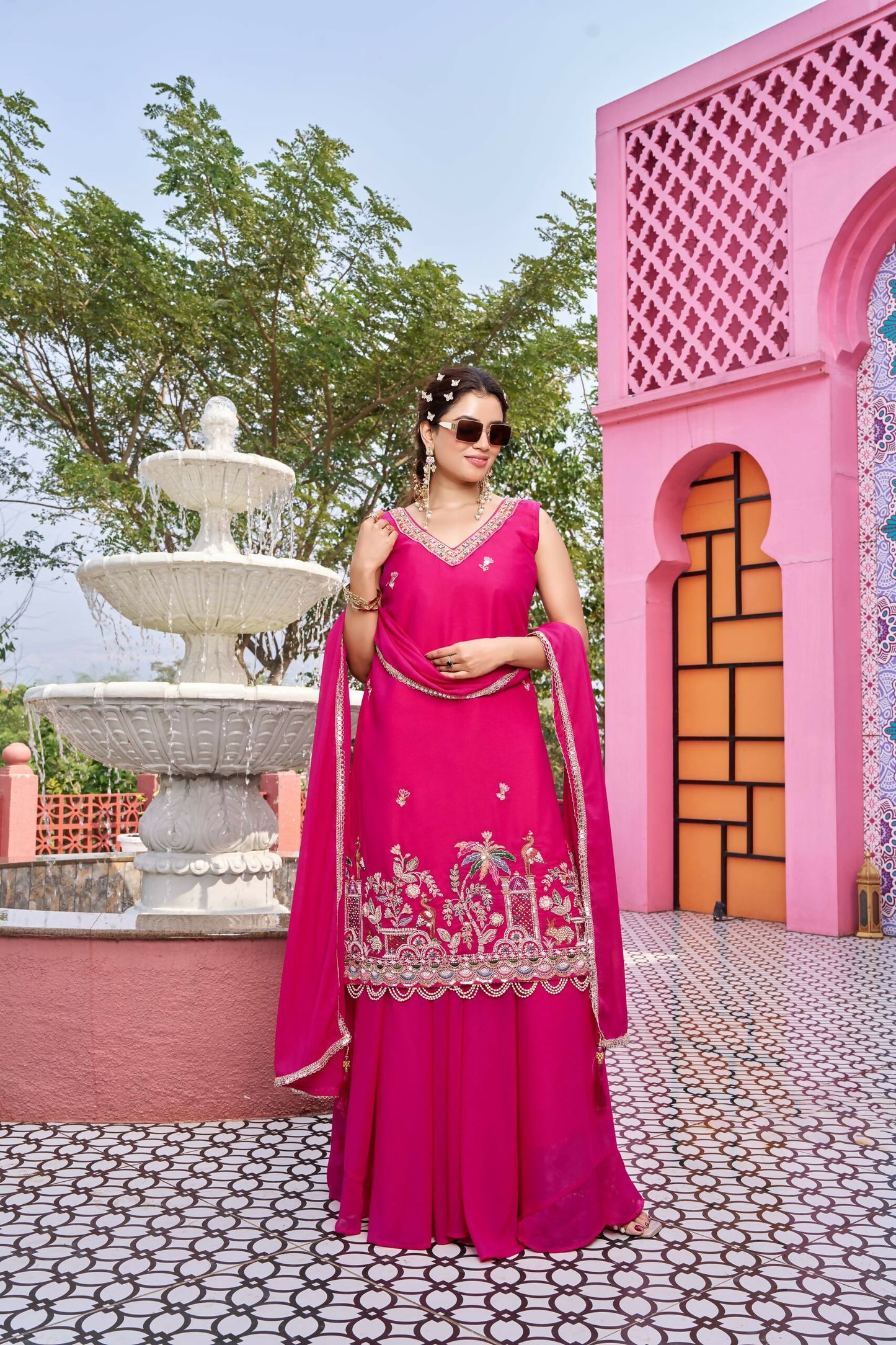 Teeya Creation Womens New Stylish Moti Beads With Cording Sequence Thread Embroidery Work Pink Kurta Set - Dista