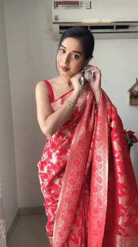 Thumbnail for Malishka litchi Silk Jacquard Ready To Wear Saree With Blouse Piece - Red - Distacart