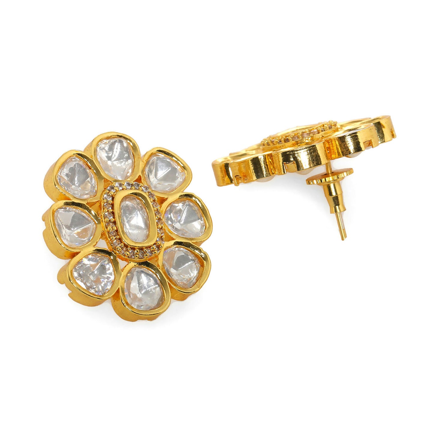 Oversized Round Kundan Studs (Gold) - Ruby Raang - Distacart