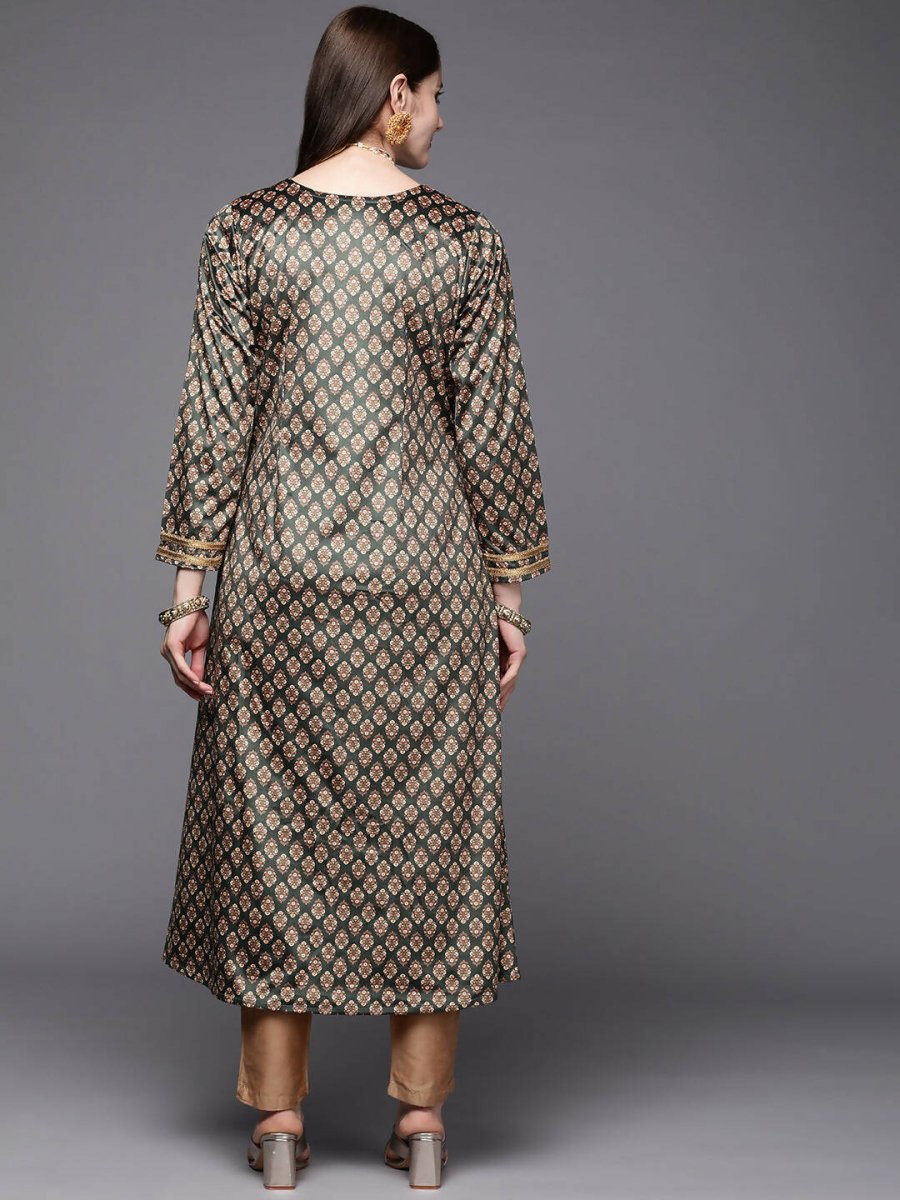 Ahalyaa Women Green & Cream-Coloured Floral Printed Velvet Kurta - Distacart