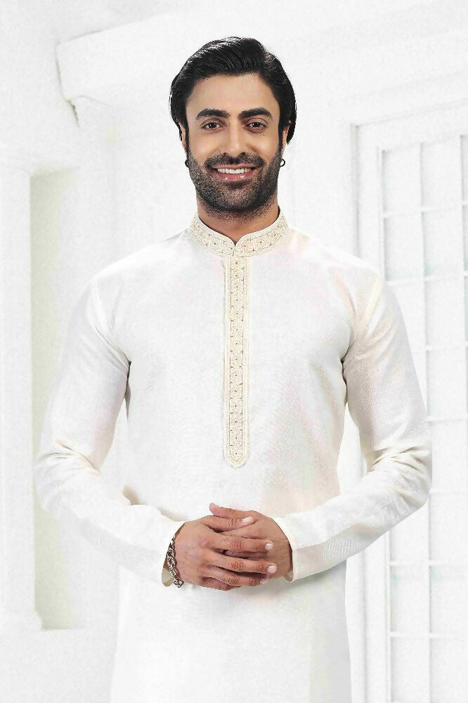 Raivat Ethnic Linen Cotton Thread Work Kurta Pajama In Cream Colour - Dista