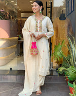 Thumbnail for The52 Off White Women's Gorgeous Chinon Fabric Embroidered Work Straight Kurta Pant and Dupatta Set - Distacart