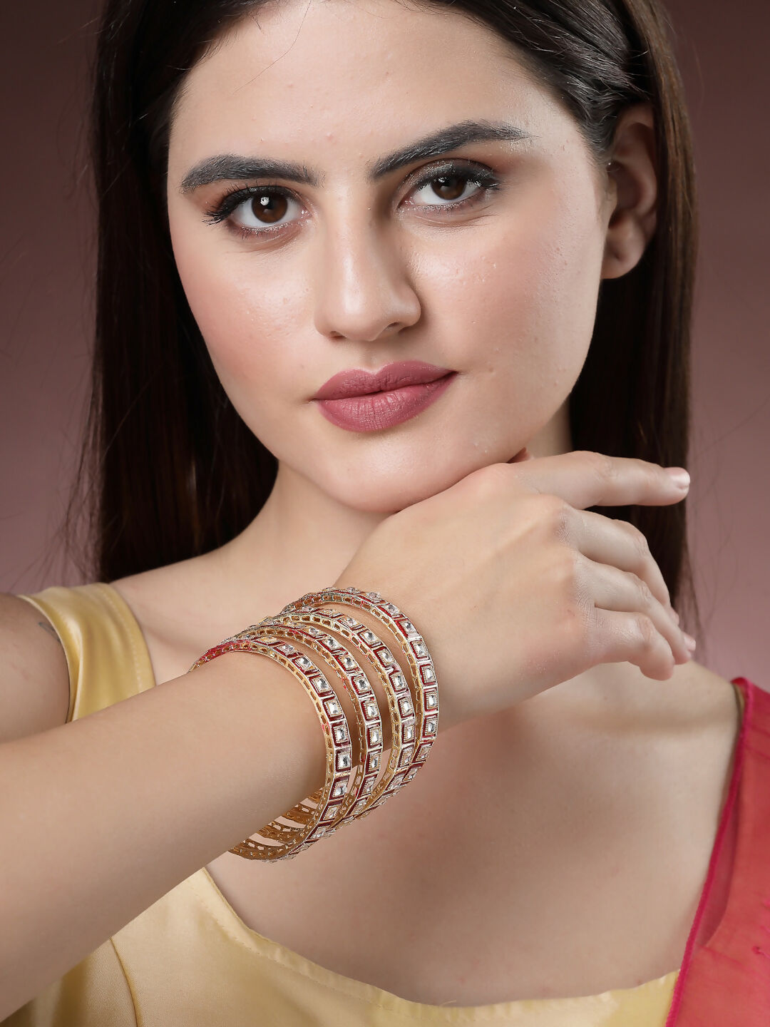 NVR Women's Set Of 4 Gold-Plated Red Kundan-Studded Traditional Bangles - Distacart
