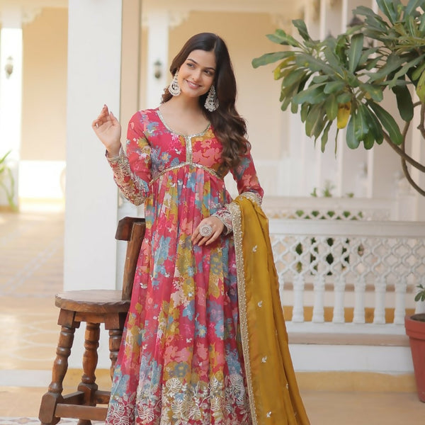 Jyoti Fashion Women's Pink & Yellow Russian Silk Sequins Zari Embroidery Anarkali Dress with Dupatta - Distacart