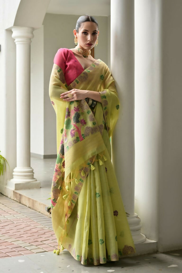 Vishnu Weaves Women's Pista Muga Cotton Thread Weaving Saree with Blouse
