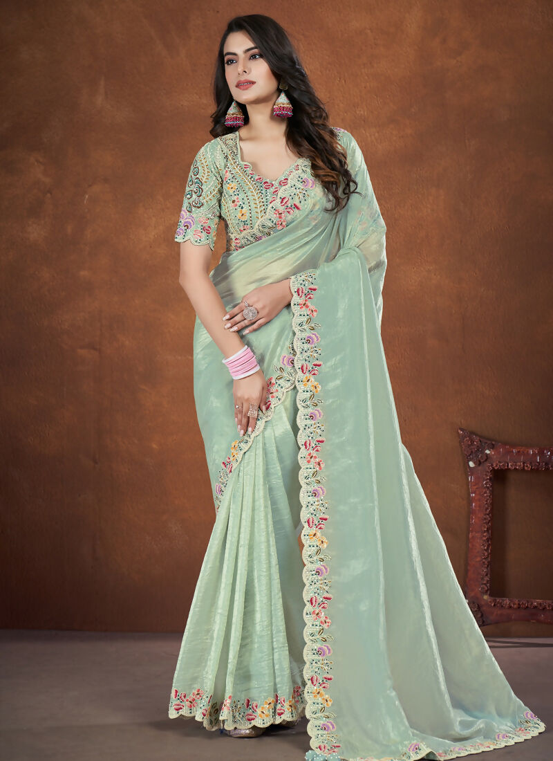 Sea Green Banarsi Crush Silk Embroidered Saree with stitched Blouse - Mohmanthan Saha Saki - Distacart
