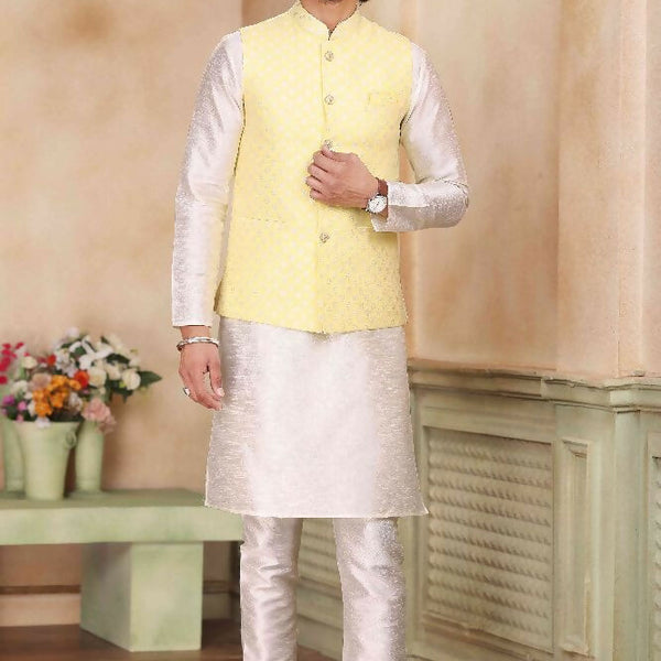 Raivat Ethnic Jacquard Banarasi Silk Woven Work 3 Pics Jacket Set In Yellow Colour - Distacart
