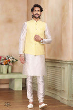 Thumbnail for Raivat Ethnic Jacquard Banarasi Silk Woven Work 3 Pics Jacket Set In Yellow Colour - Distacart