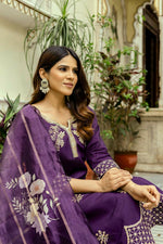 Thumbnail for The52 Wine Women's Beautiful Viscose Chanderi Fabric Thread Work Straight Kurta Pant and Dupatta Set - Distacart