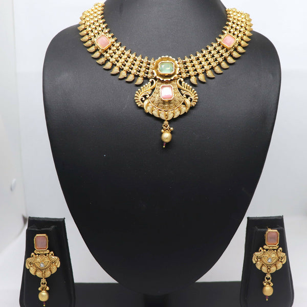 Joban Fashion Peach&Green Stone Pure Brass With Rajwadi Polish Necklace Set