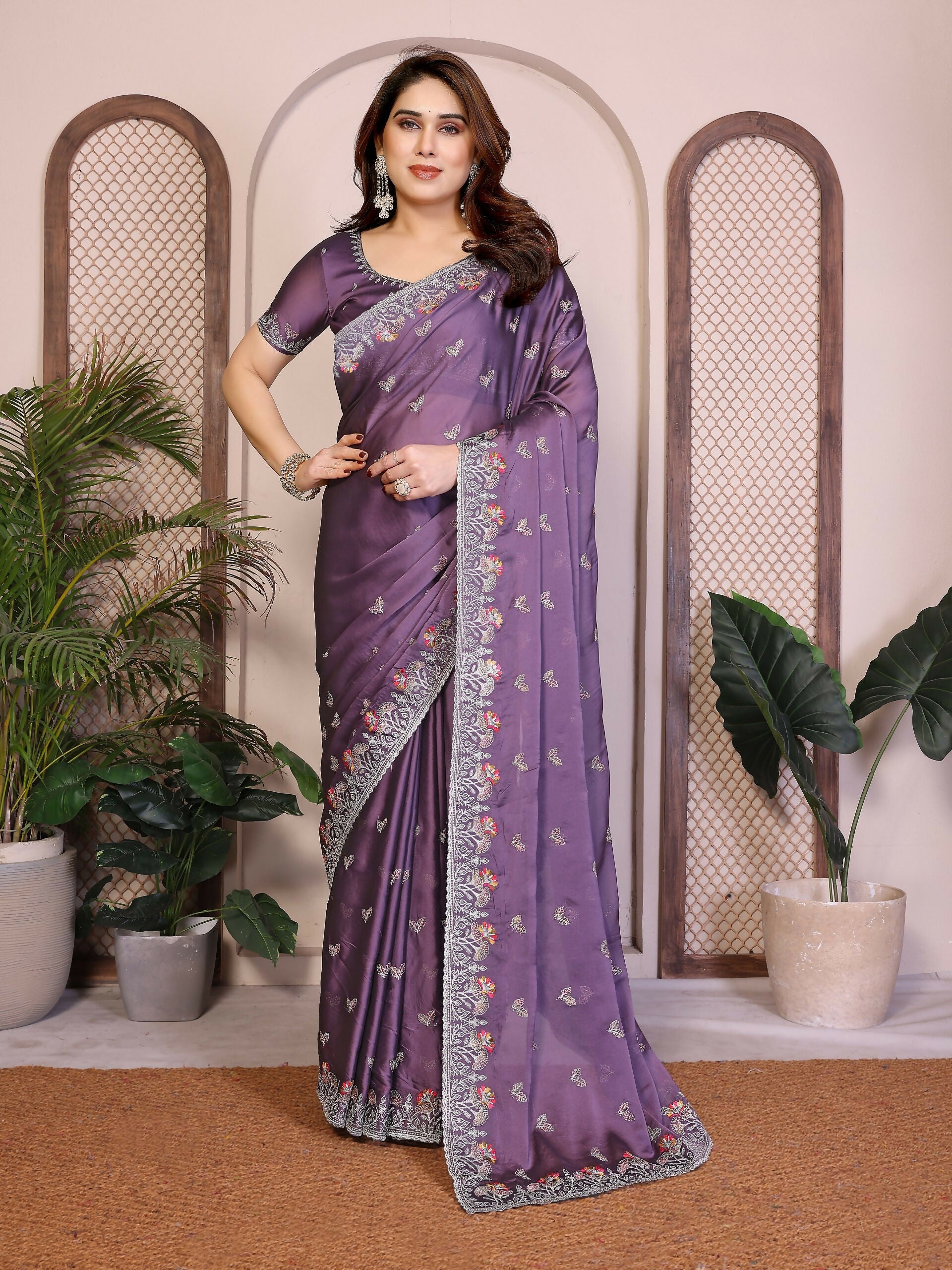 Teeya Creation New Trendy Stylish Party Wear Silk Saree-Lavender - Dista