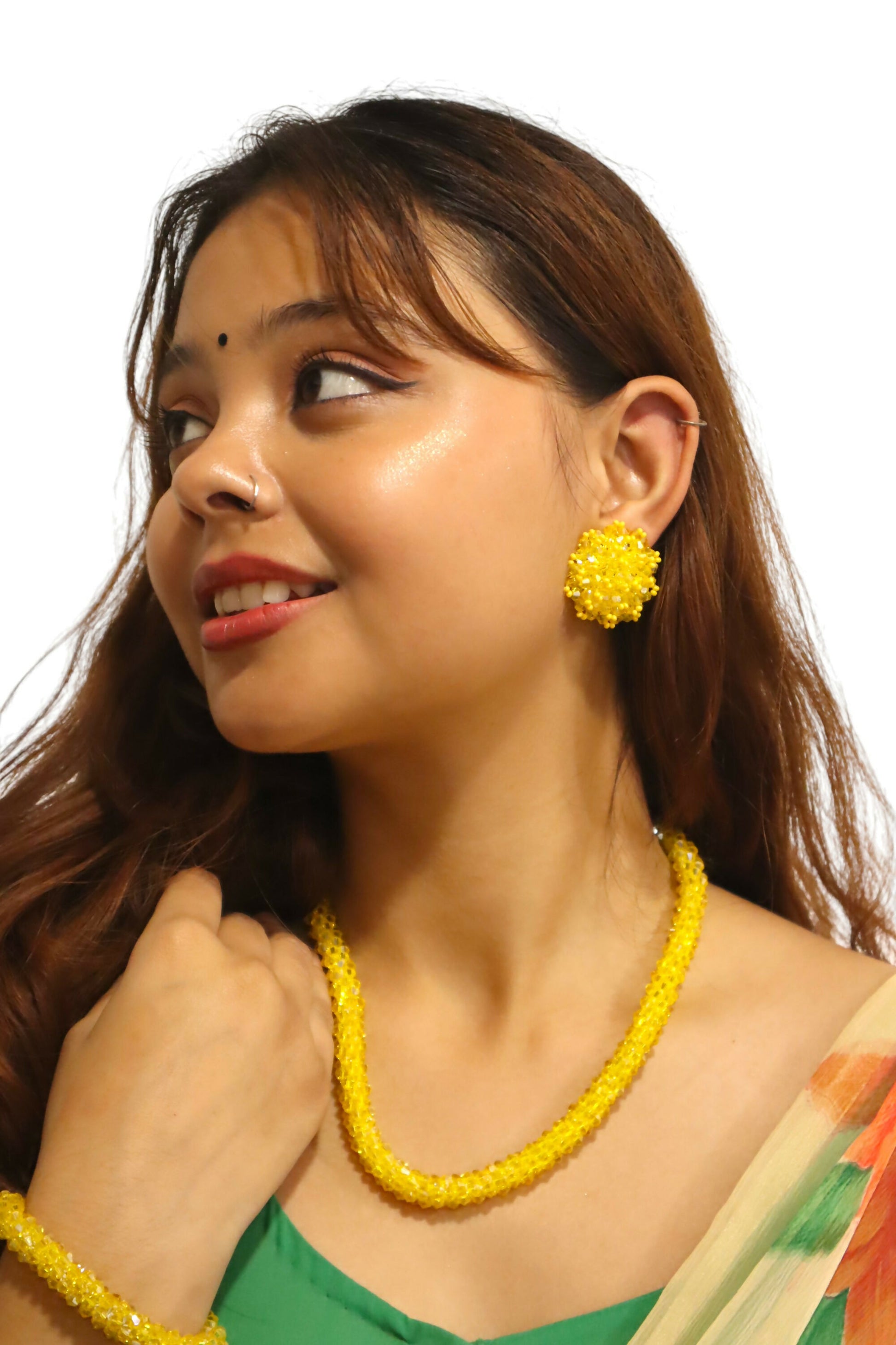 Inhanns Complete Look Crystal Statement 3-Piece Set (Adjustable Necklace + Earrings + Adjustable Bangle ) - Yellow - Distacart