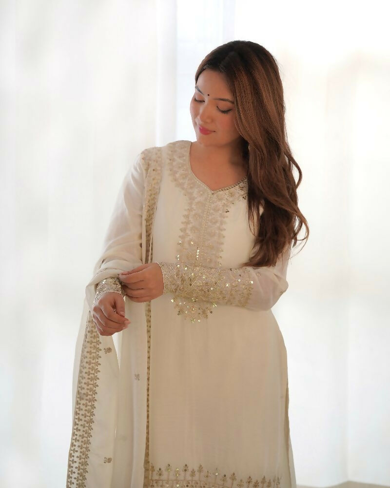 Joban Fashion White Kurta Set Silk Sequence Embroidery Work