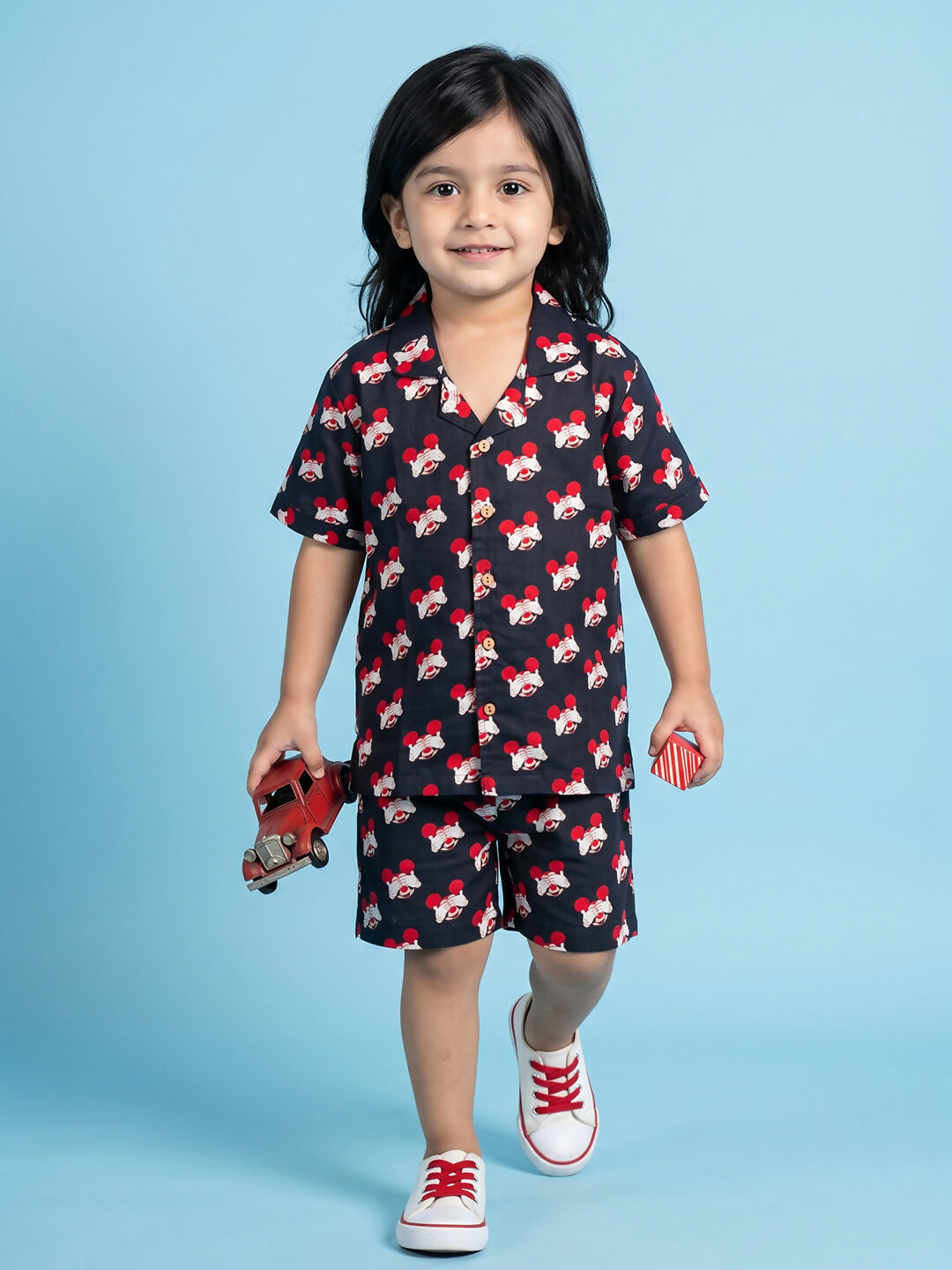 Breathables Woven Cotton Half Sleeves Mickey Mouse Shirt & Shorts Black - Dista
