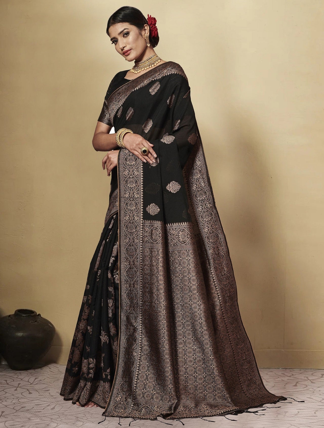 NOZ2TOZ Women's Party Wear Weaving Work Chanderi Cotton Saree with Un Stitched Blouse - Black - Distacart