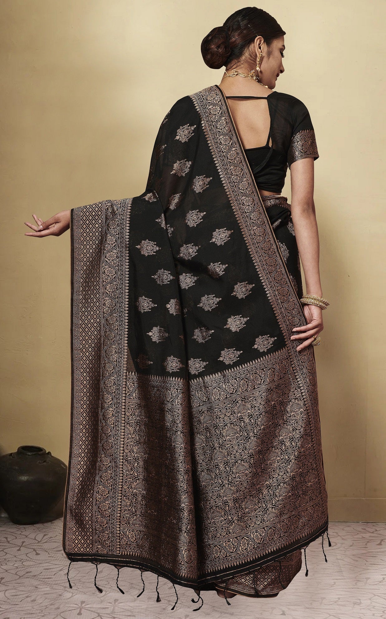 NOZ2TOZ Women's Party Wear Weaving Work Chanderi Cotton Saree with Un Stitched Blouse - Black - Distacart