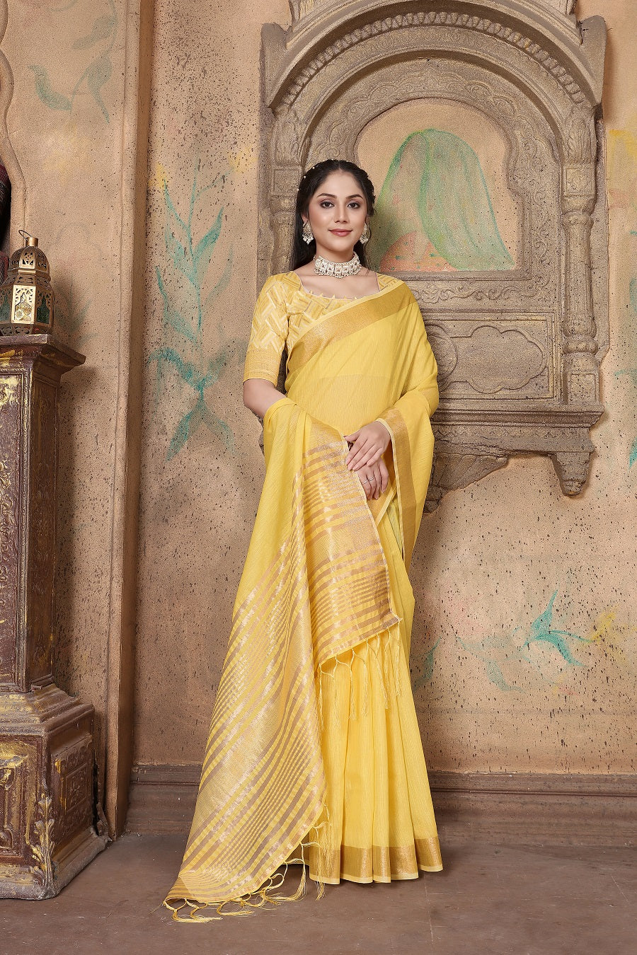 NOZ2TOZ Women's Party Wear Weaving Work Linen Saree with Un Stitched Blouse - Yellow - Distacart