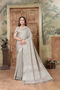Thumbnail for NOZ2TOZ Women's Party Wear Weaving Work Linen Saree with Un Stitched Blouse - Grey - Distacart