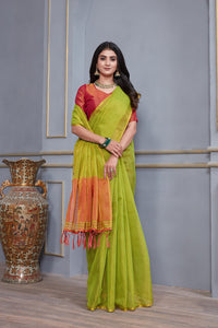 Thumbnail for NOZ2TOZ Women's Party Wear Weaving Work Linen Saree with Un Stitched Blouse - Parrot Green - Distacart