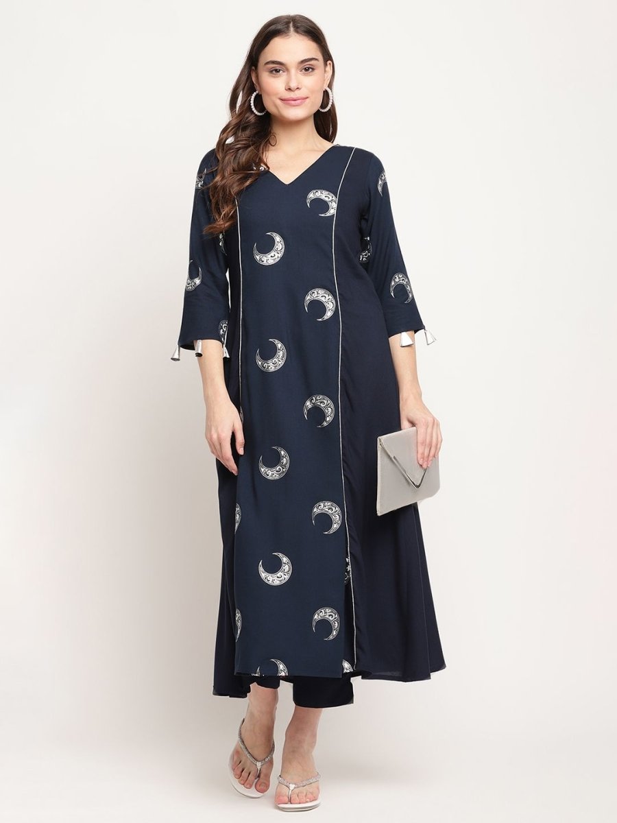 Ahalyaa Women's Navy Blue Rayon Foil & Khari Print Kurta Trouser Set