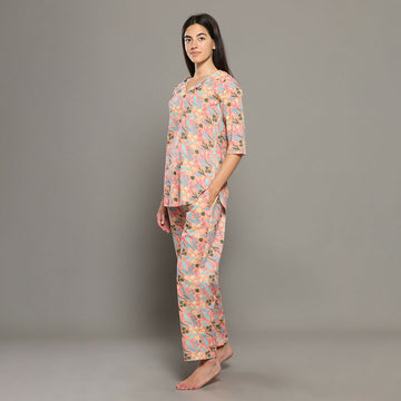 Breathables Women Cotton Printed Loungewear Kurta And Pants Co-Ord Set Peach I Night Wear | Floral Print - Dista
