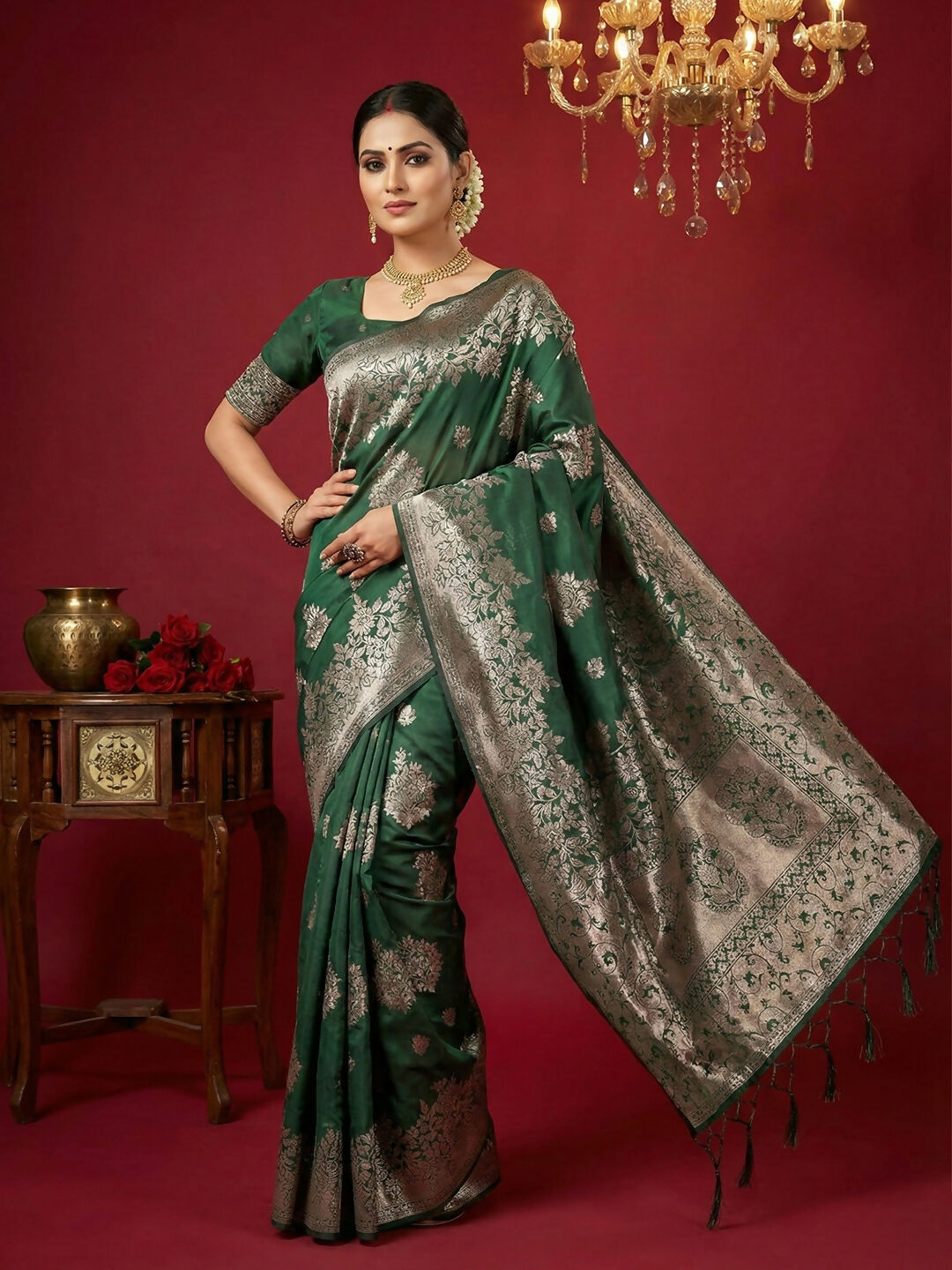 Shree Shyam Fashion Dark Green Silk Blend Saree - Distacart