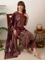 Thumbnail for Embroidered & Printed Kurta With Palazzo & Printed Dupatta, Maroon - Hiral Fashion - Distacart