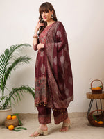 Thumbnail for Embroidered & Printed Kurta With Palazzo & Printed Dupatta, Maroon - Hiral Fashion - Distacart