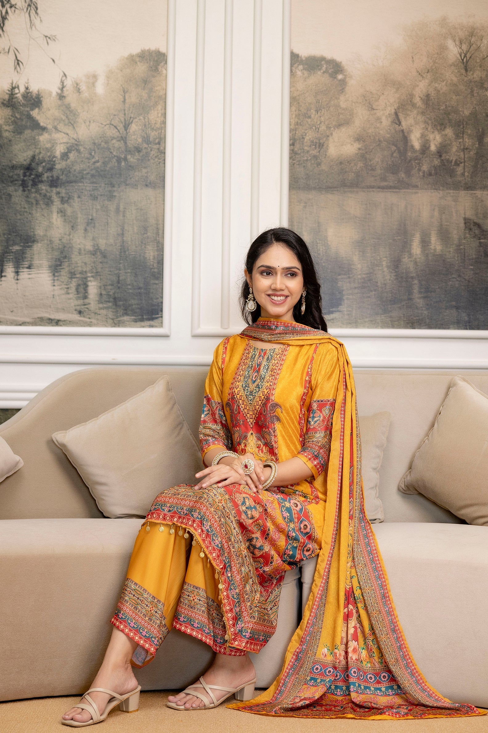 Embroidered & Printed Kurta With Palazzo & Printed Dupatta, Mustard - Hiral Fashion - Distacart