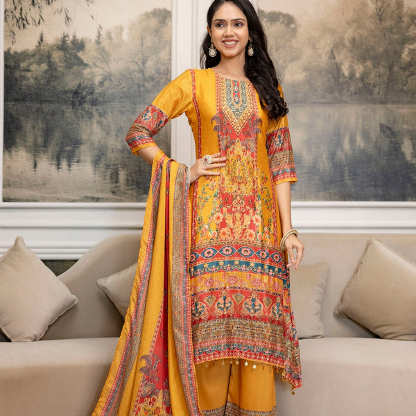 Embroidered & Printed Kurta With Palazzo & Printed Dupatta, Mustard - Hiral Fashion - Distacart