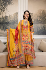 Thumbnail for Embroidered & Printed Kurta With Palazzo & Printed Dupatta, Mustard - Hiral Fashion - Distacart