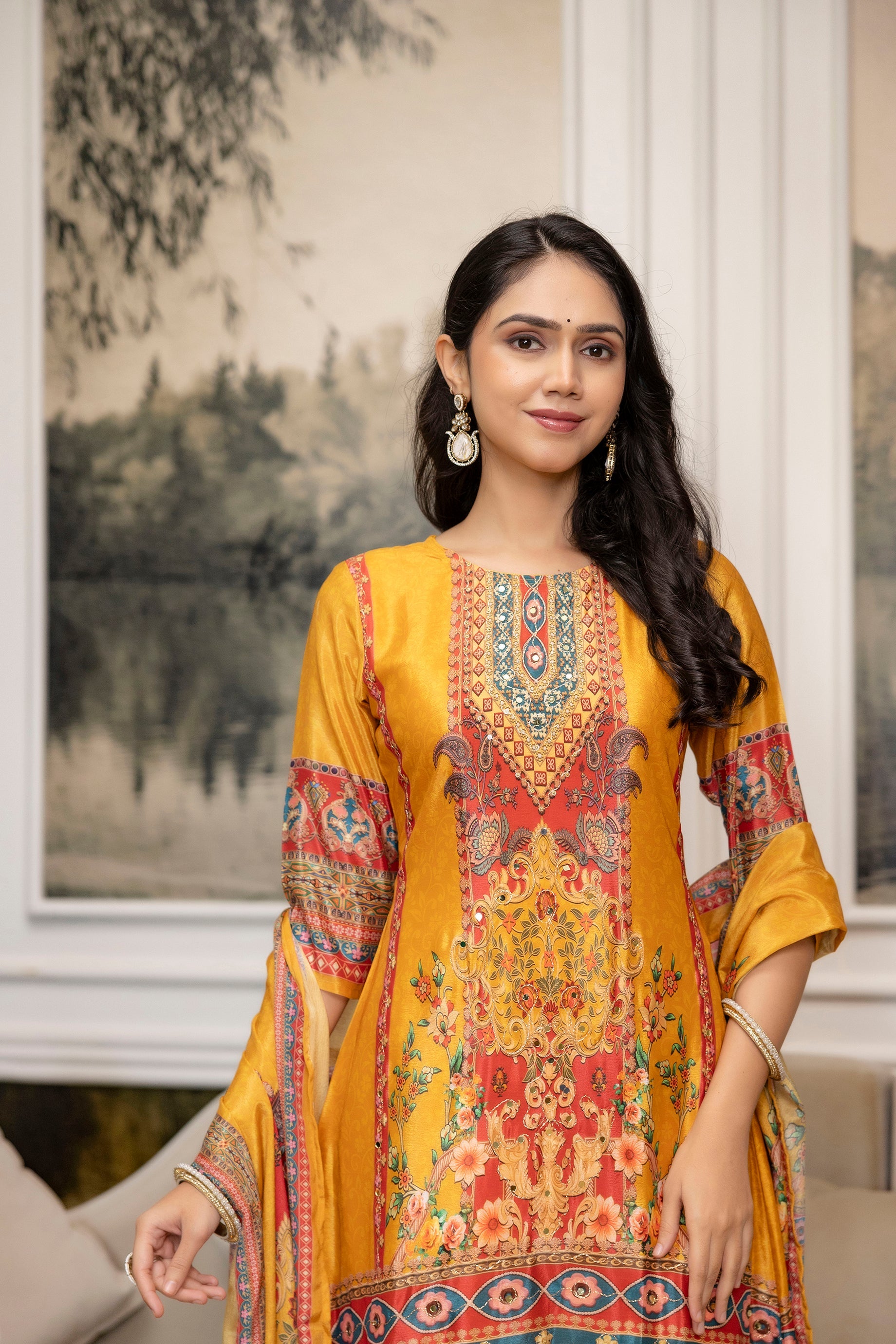 Embroidered & Printed Kurta With Palazzo & Printed Dupatta, Mustard - Hiral Fashion - Distacart
