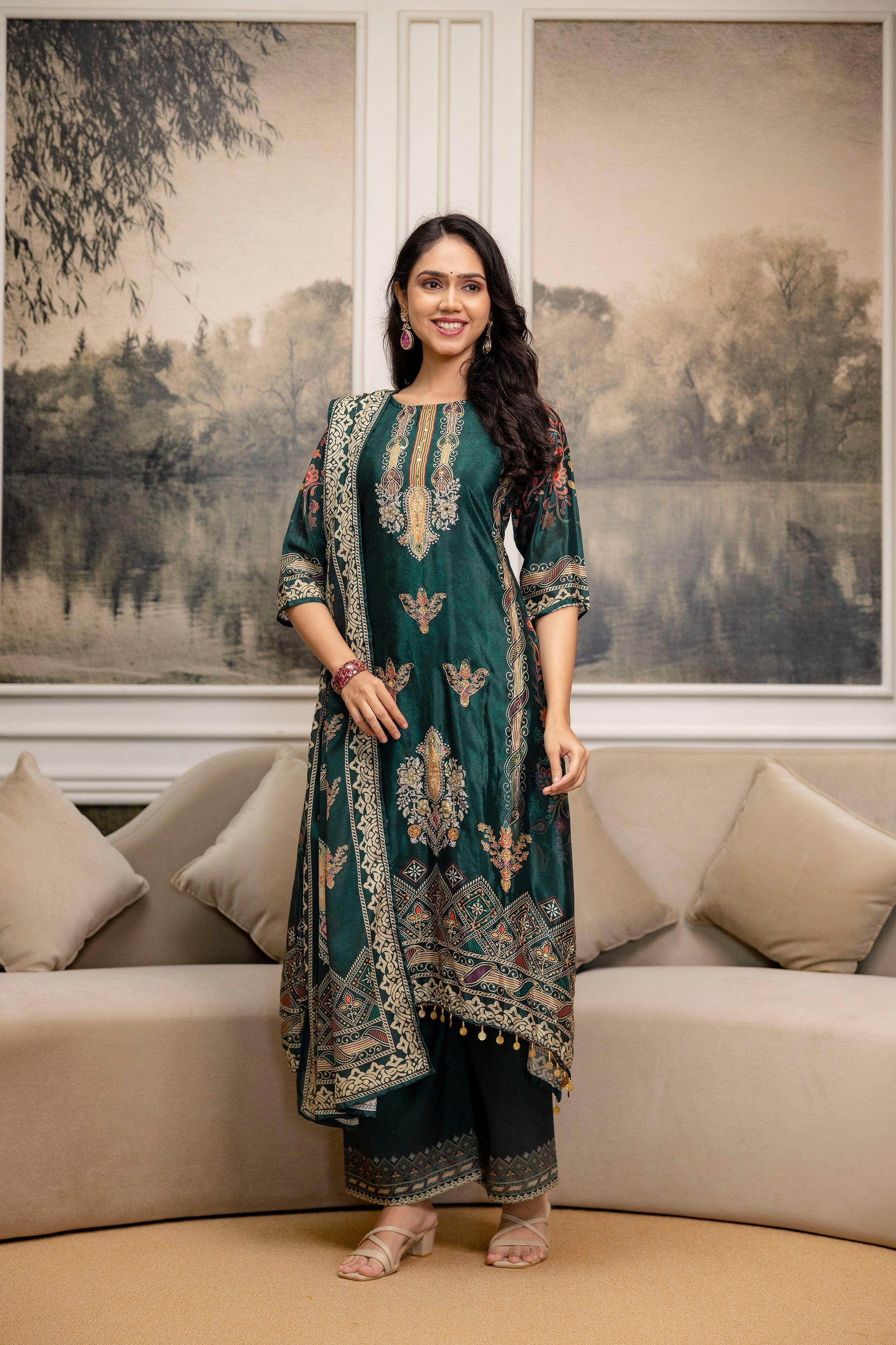 Embroidered & Printed Kurta With Palazzo & Printed Dupatta, Teal - Hiral Fashion - Distacart