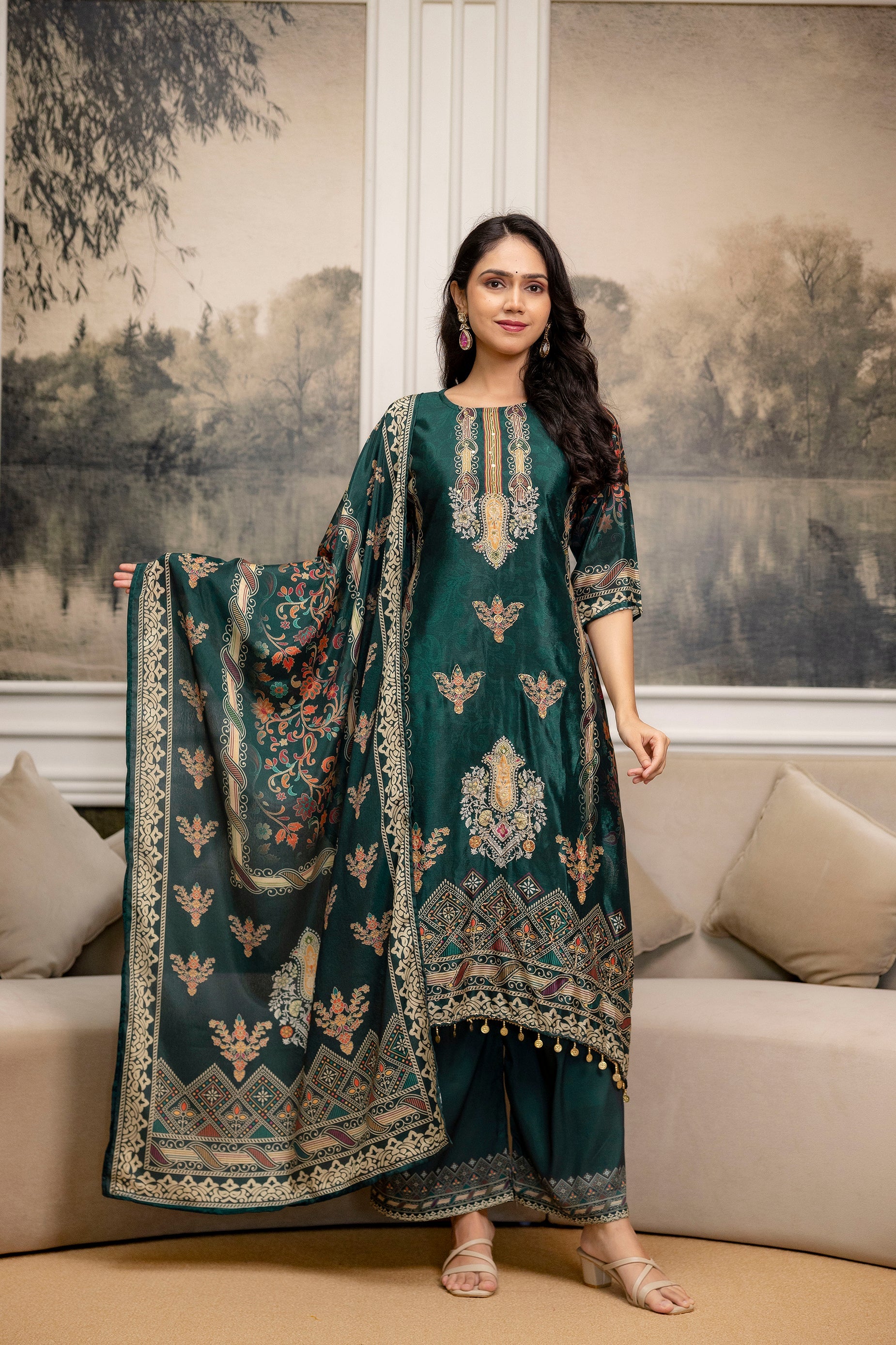 Embroidered & Printed Kurta With Palazzo & Printed Dupatta, Teal - Hiral Fashion - Distacart