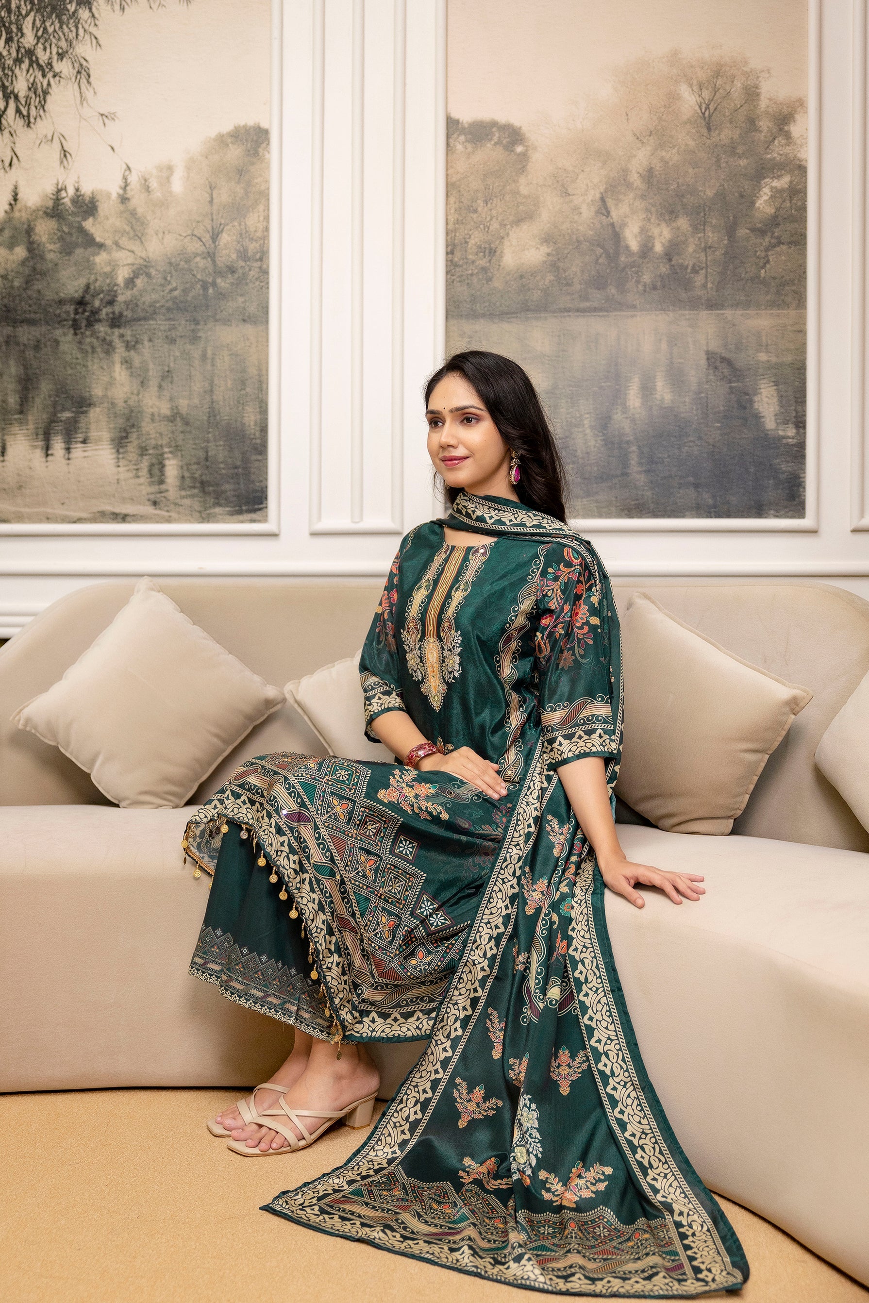 Embroidered & Printed Kurta With Palazzo & Printed Dupatta, Teal - Hiral Fashion - Distacart