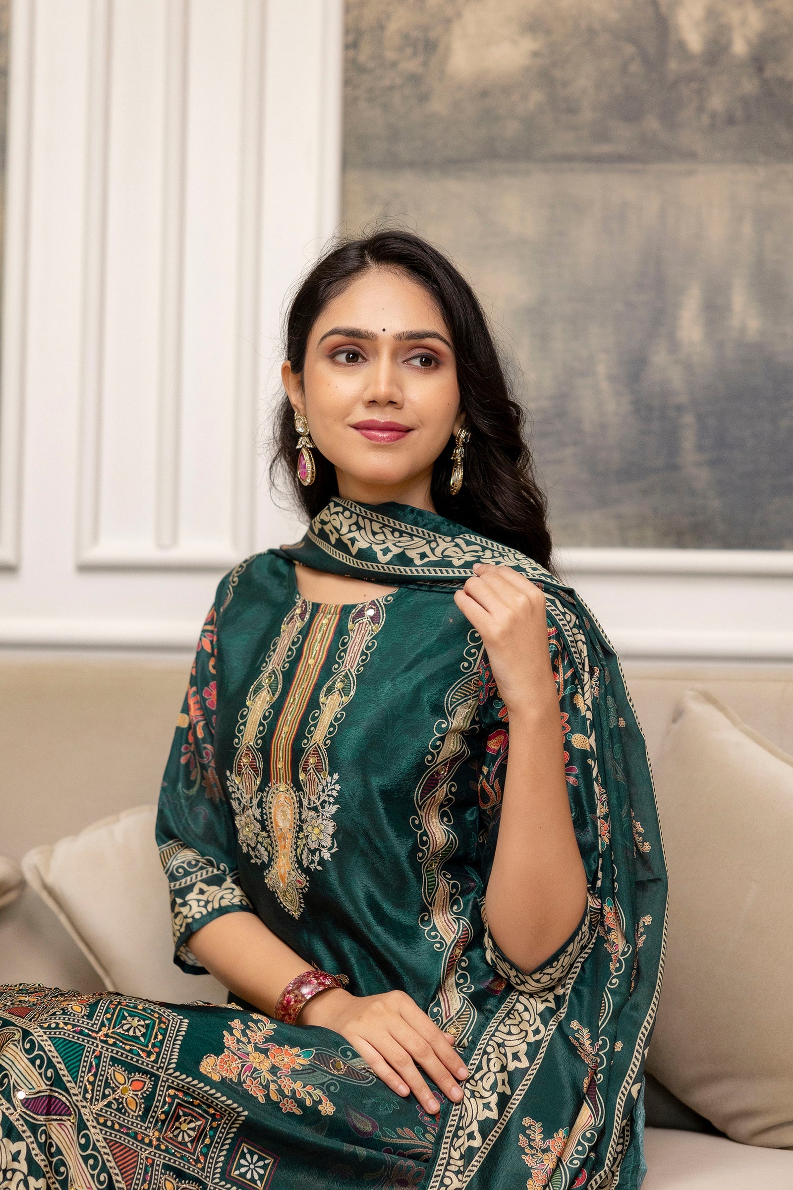 Embroidered & Printed Kurta With Palazzo & Printed Dupatta, Teal - Hiral Fashion - Distacart