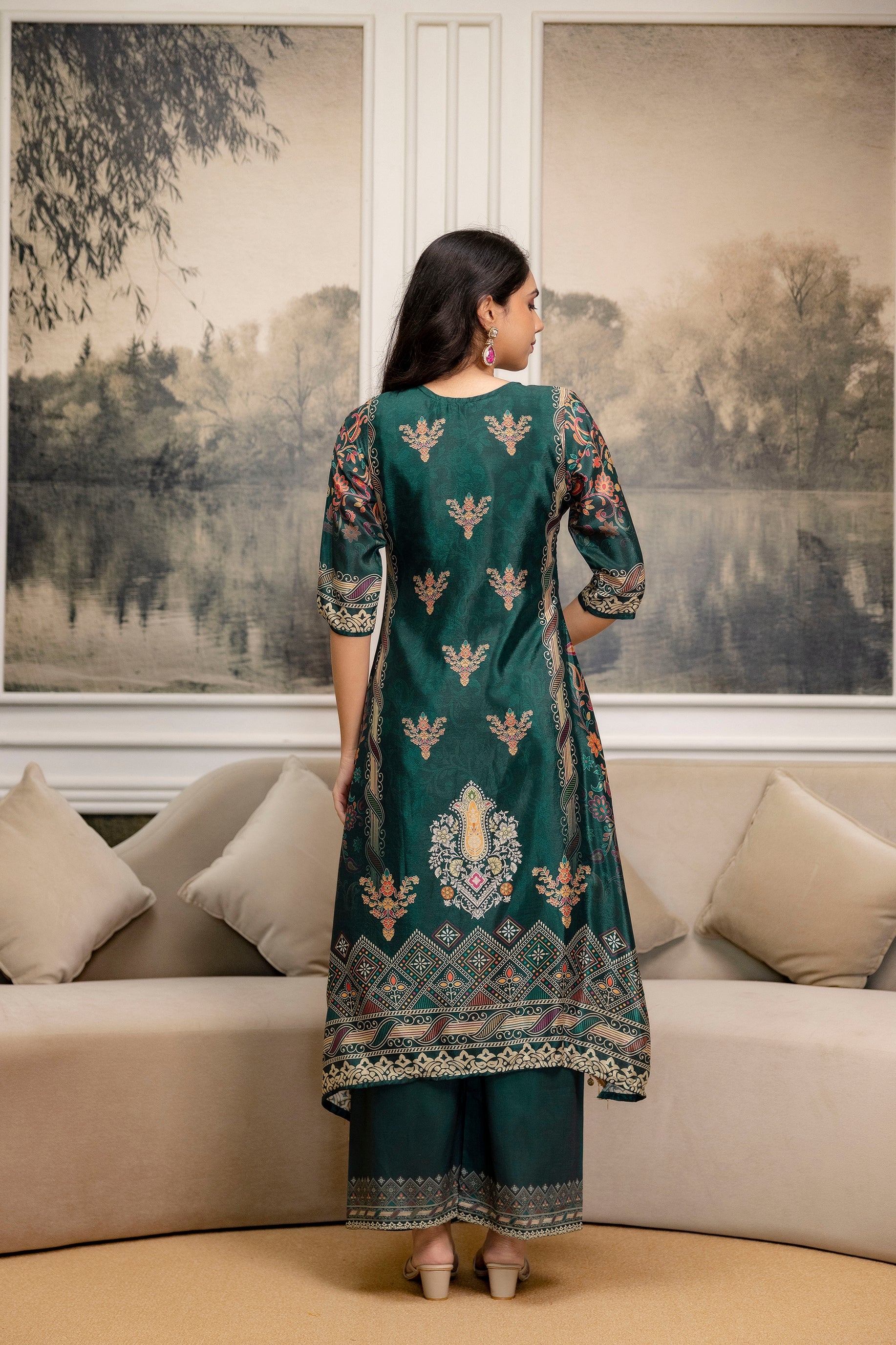 Embroidered & Printed Kurta With Palazzo & Printed Dupatta, Teal - Hiral Fashion - Distacart
