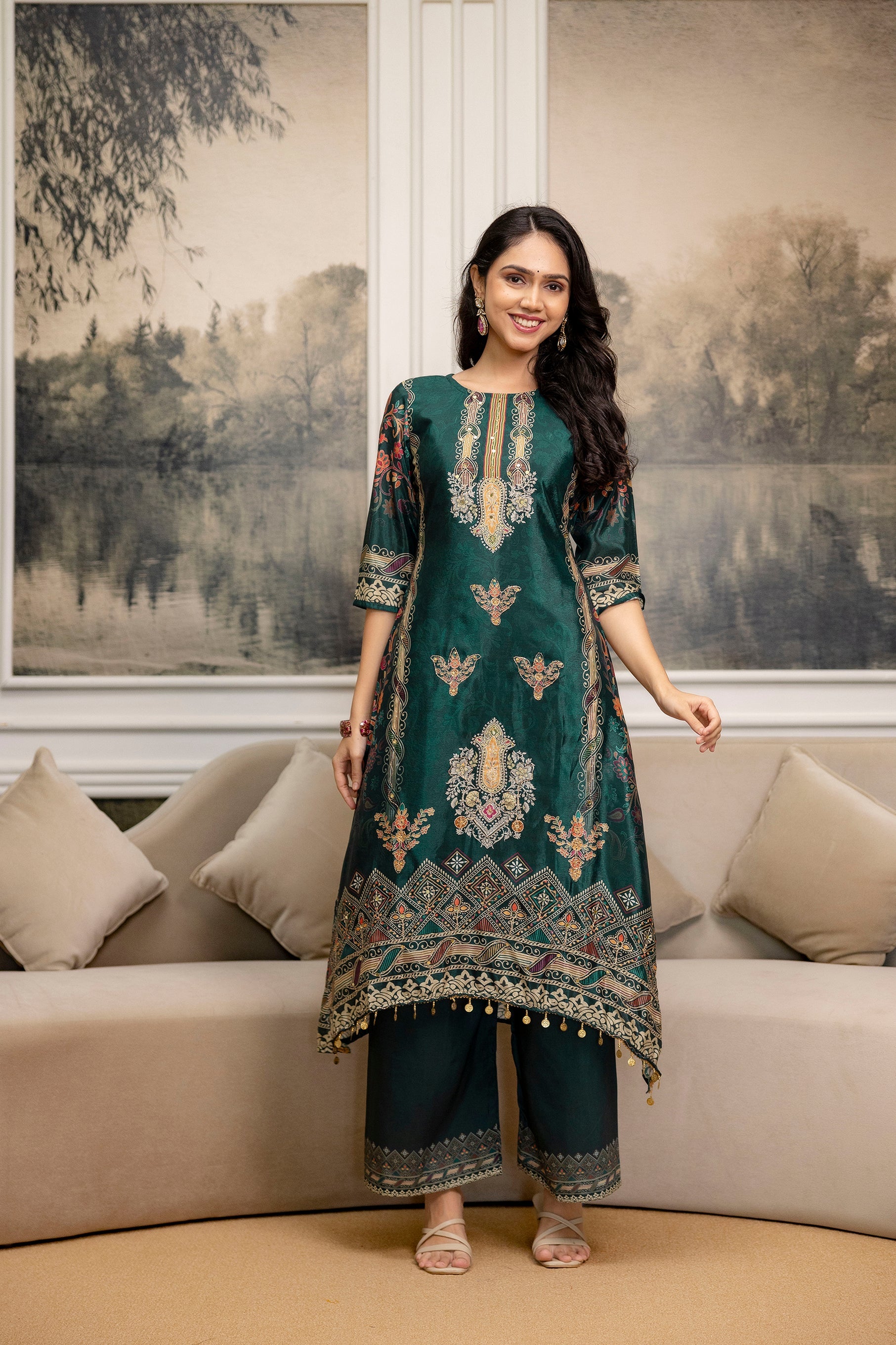 Embroidered & Printed Kurta With Palazzo & Printed Dupatta, Teal - Hiral Fashion - Distacart