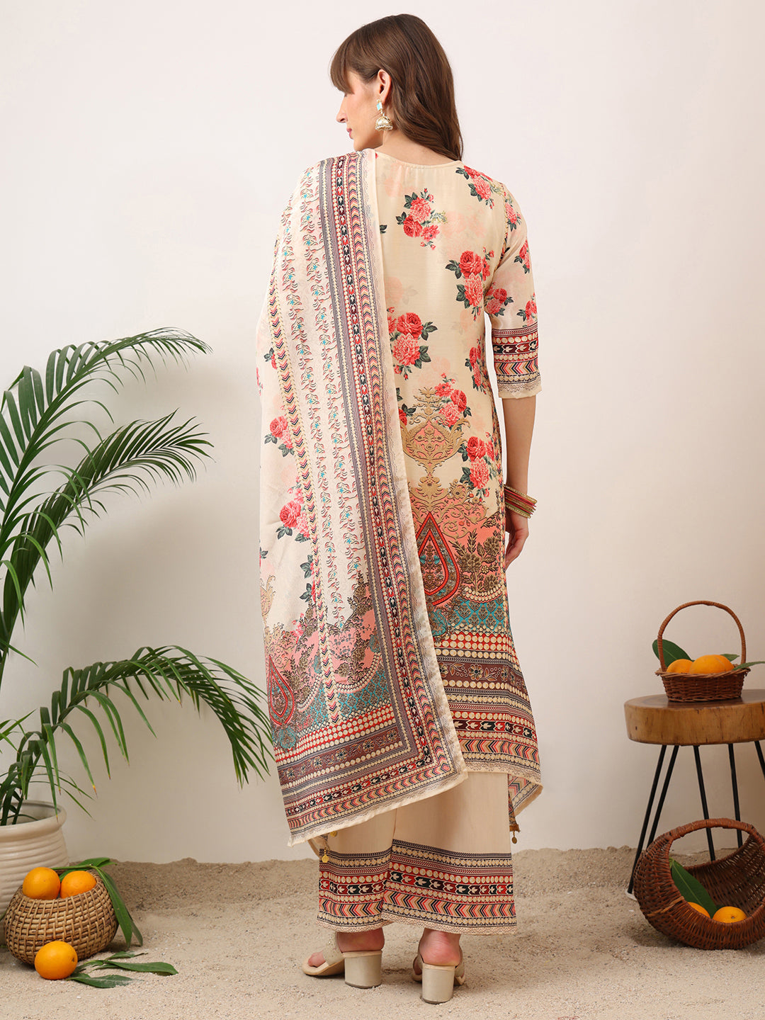 Embroidered & Printed Asymmetric Kurta With Palazzo & Printed Dupatta, Cream - Hiral Fashion - Distacart