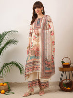 Thumbnail for Embroidered & Printed Asymmetric Kurta With Palazzo & Printed Dupatta, Cream - Hiral Fashion - Distacart