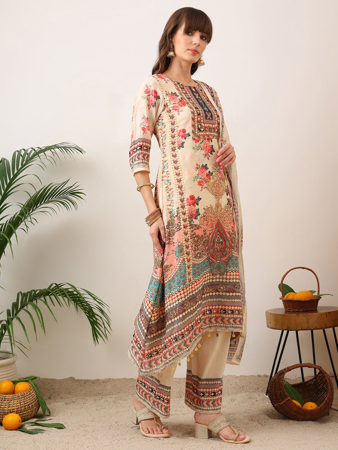 Embroidered & Printed Asymmetric Kurta With Palazzo & Printed Dupatta, Cream - Hiral Fashion - Distacart