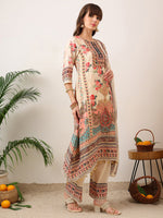 Thumbnail for Embroidered & Printed Asymmetric Kurta With Palazzo & Printed Dupatta, Cream - Hiral Fashion - Distacart