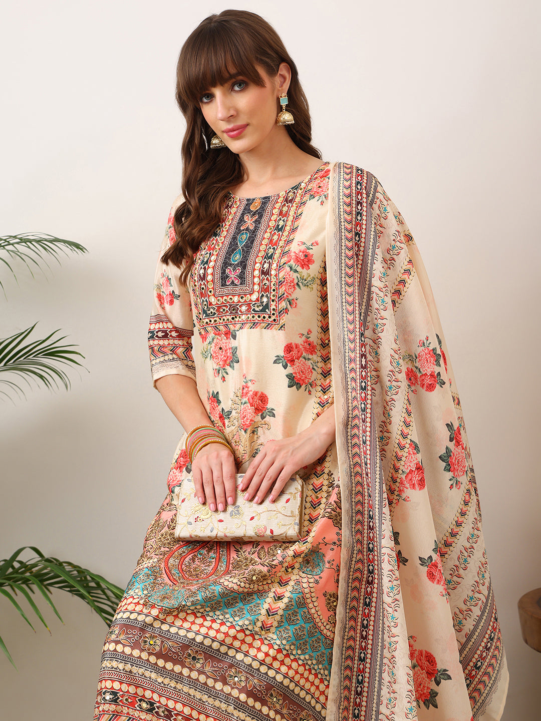 Embroidered & Printed Asymmetric Kurta With Palazzo & Printed Dupatta, Cream - Hiral Fashion - Distacart