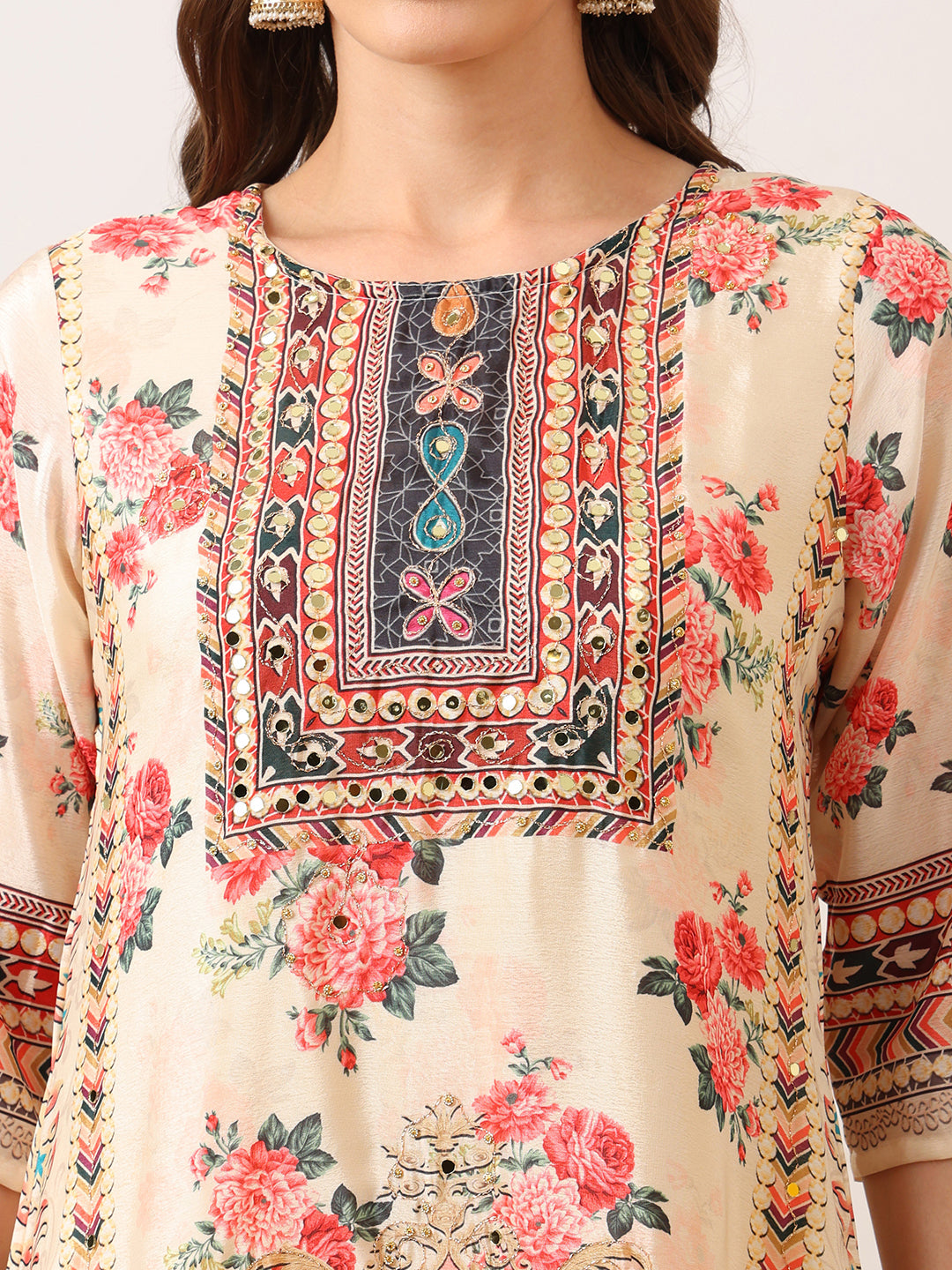 Embroidered & Printed Asymmetric Kurta With Palazzo & Printed Dupatta, Cream - Hiral Fashion - Distacart