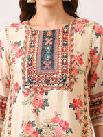 Thumbnail for Embroidered & Printed Asymmetric Kurta With Palazzo & Printed Dupatta, Cream - Hiral Fashion - Distacart