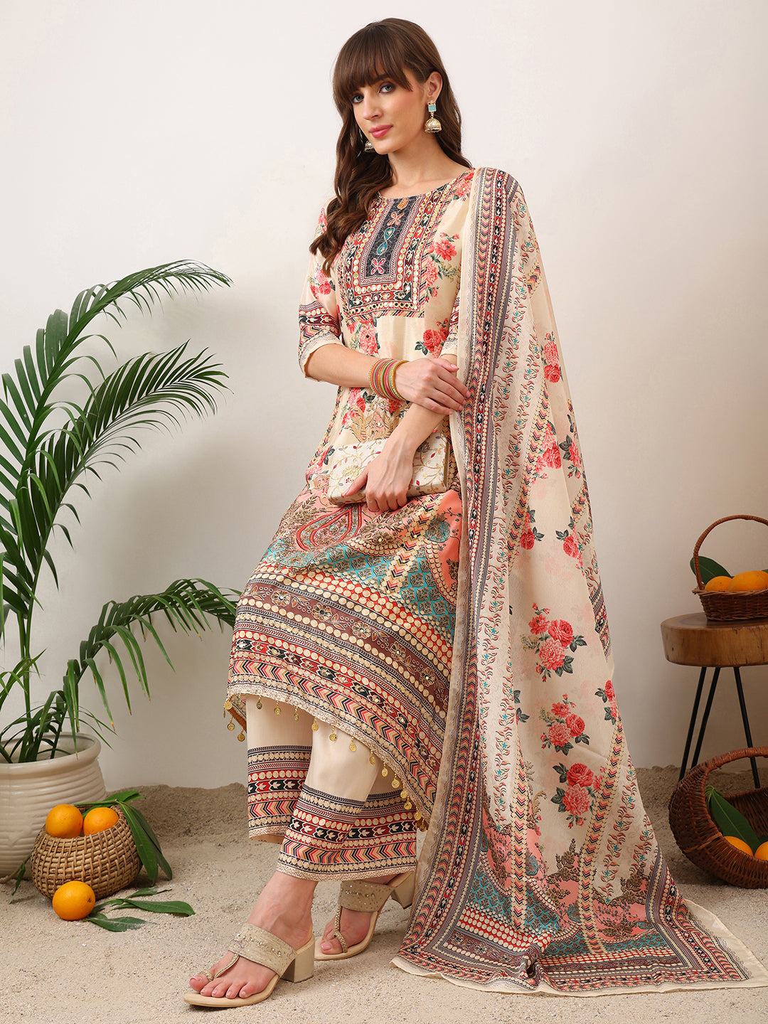 Embroidered & Printed Asymmetric Kurta With Palazzo & Printed Dupatta, Cream - Hiral Fashion - Distacart